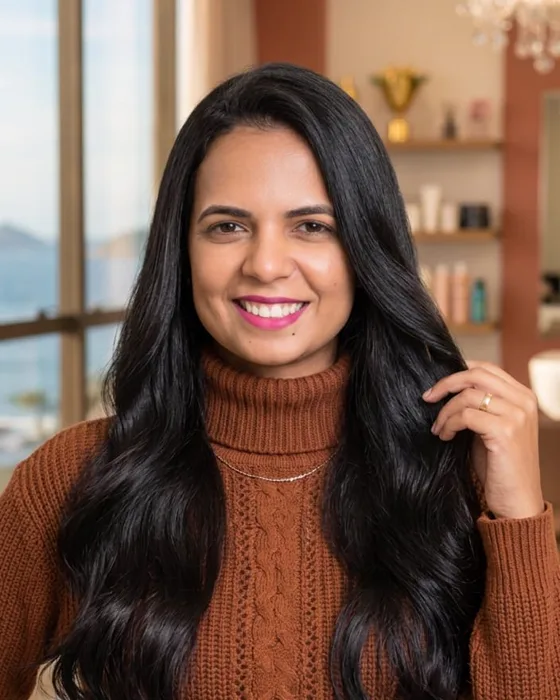 Rosimara Deccache sorrindo, com cabelo preto, longo e brilhante